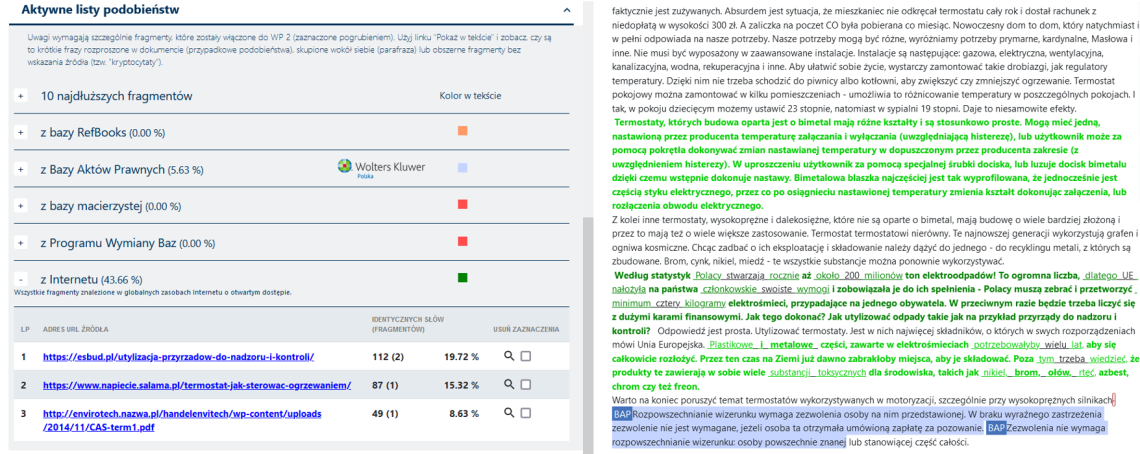 Fragment Interaktywnego Raportu Podobieństwa. Po prawej zaznaczone na zielono fragmenty pochodzące z Internetu, a na niebiesko z Bazy Aktów Prawnych