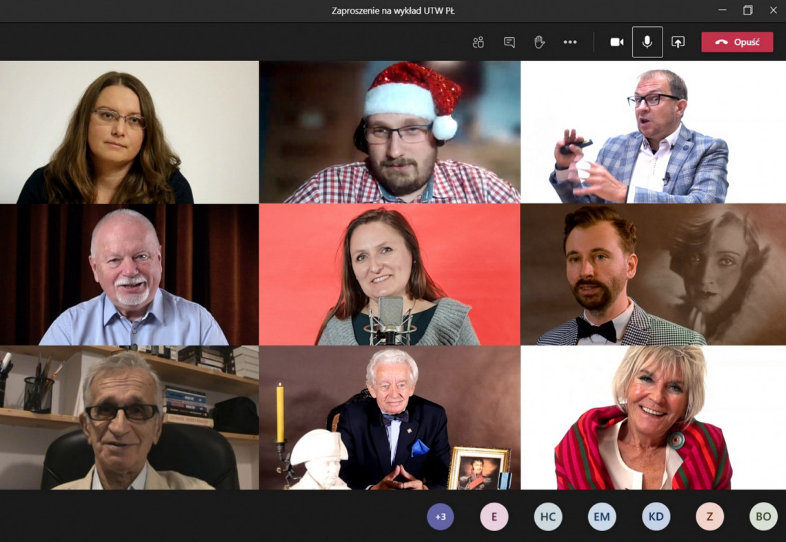 Wykładowcy UTW PŁ spotykali się ze słuchaczami online. w rzędach od góry: Agnieszka Stołecka, Kamil Szałowski, Grzegorz Szymański, Ryszard Bonisławski, Beata Romańska, Michał Maj Wieczorek, Jacek Fedorowicz, Bohdan Kowalczyk, Zofia Suska