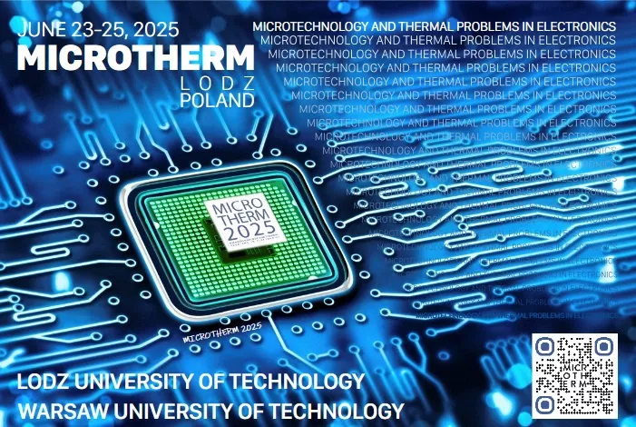 Plakat promocyjny konferencji MICROTHERM 2025. Tło plakatu przedstawia projekt płytki drukowanej z mikrochipem oznaczonym "MICROTHERM 2025".