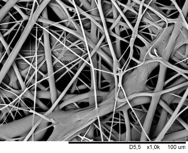 Struktura włókniny polipropylenowej otrzymanej metodą pneumotermiczną (obraz ze skaningowego mikroskopu elektronowego)